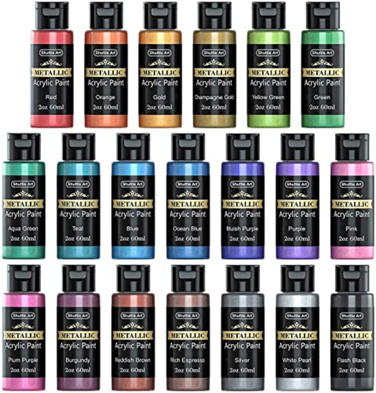 Shuttle Art Metallic Acrylic Paint Set, 20 Colors Metallic Paint in Bottles  (60ml, 2oz) with 3 Brushes and 1 Palette, Rich Pigments, Non-Toxic for  Artists, Beginners on Rocks Crafts CanvasWood Fabric